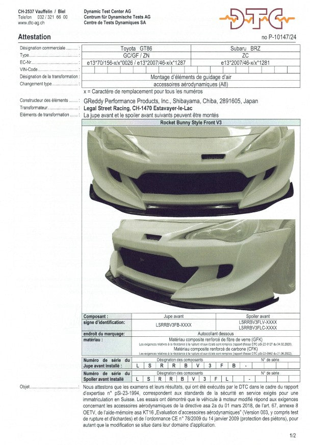 DTC pour pare-choc avant Rocket Bunny V3 (Toyota GT86/Subaru BRZ)