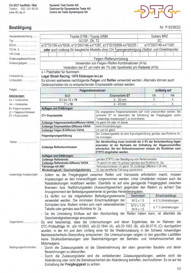 DTC pour élargissement de voie +8% (Toyota GR86)