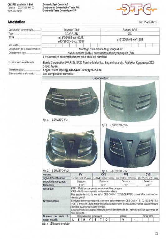 DTC pour capot Varis Fibre/Carbon V1-V2 (Toyota GT86/Subaru BRZ)