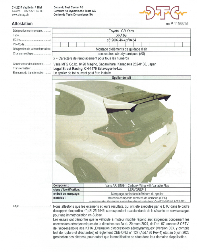 DTC pour aileron de Toit Varis (Toyota Yaris GR)