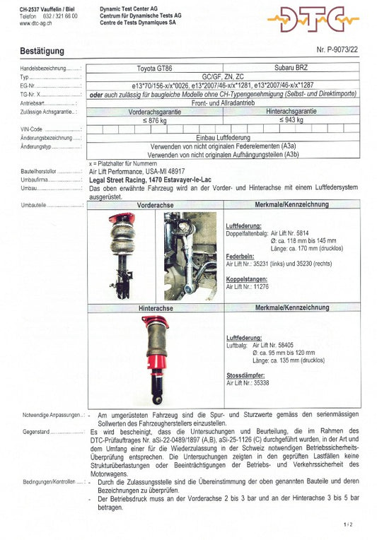 DTC pour suspensions pneumatiques Airlift (Toyota GT86/Subaru BRZ)