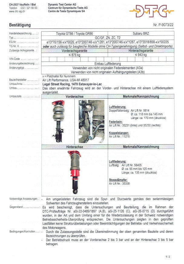 DTC pour suspensions pneumatiques Airlift (Toyota GR86)