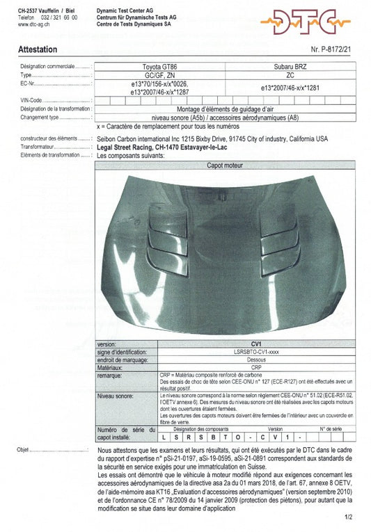 DTC pour capot Seibon Carbon (Toyota GT86/Subaru BRZ)