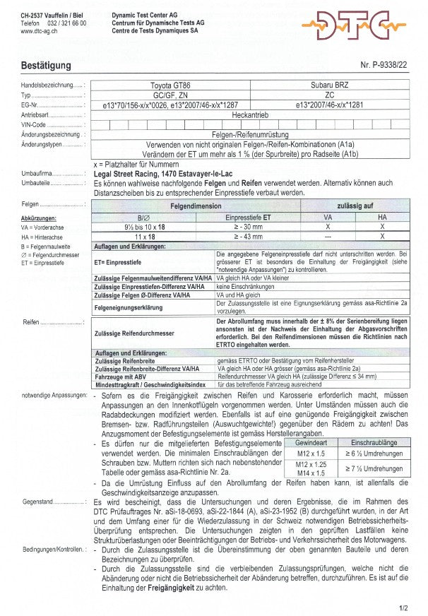 DTC pour élargissement de voie +8% (Toyota GT86/Subaru BRZ)